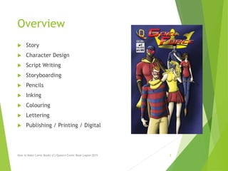 Overview
 Story
 Character Design
 Script Writing
 Storyboarding
 Pencils
 Inking
 Colouring
 Lettering
 Publishing / Printing / Digital
How to Make Comic Books (C) Queen's Comic Book Legion 2015 2
 