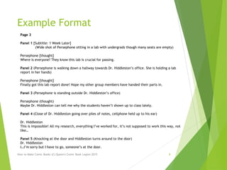 Example Format
How to Make Comic Books (C) Queen's Comic Book Legion 2015 8
Page 3
Panel 1 [Subtitle: 1 Week Later]
(Wide shot of Persephone sitting in a lab with undergrads though many seats are empty)
Persephone [thought]
Where is everyone? They know this lab is crucial for passing.
Panel 2 (Persephone is walking down a hallway towards Dr. Hiddleston’s office. She is holding a lab
report in her hands)
Persephone [thought]
Finally got this lab report done! Hope my other group members have handed their parts in.
Panel 3 (Persephone is standing outside Dr. Hiddleston’s office)
Persephone (thought)
Maybe Dr. Hiddleston can tell me why the students haven’t shown up to class lately.
Panel 4 (Close of Dr. Hiddleston going over piles of notes, cellphone held up to his ear)
Dr. Hiddleston
This is impossible! All my research, everything I’ve worked for, it’s not supposed to work this way, not
like…
Panel 5 (Knocking at the door and Hiddleston turns around to the door)
Dr. Hiddleston
I…I’m sorry but I have to go, someone’s at the door.
 