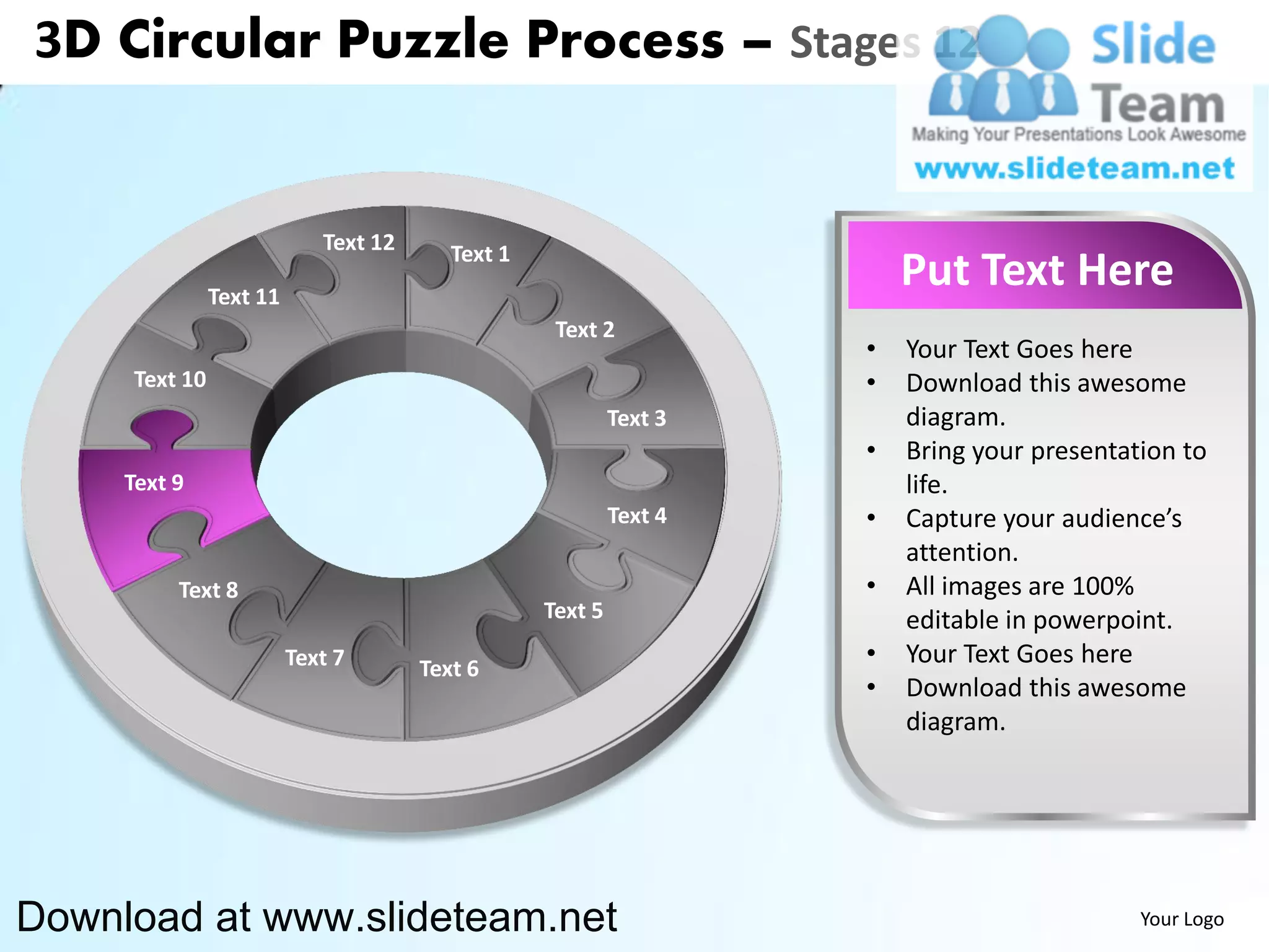 3D Circular Puzzle Process – Stages 12


                            Text 12      Text 1
               Text 11
                                                                        Put Text Here
                                                   Text 2
                                                                    •   Your Text Goes here
     Text 10                                                        •   Download this awesome
                                                           Text 3       diagram.
                                                                    •   Bring your presentation to
     Text 9                                                             life.
                                                           Text 4   •   Capture your audience’s
                                                                        attention.
          Text 8                                                    •   All images are 100%
                                                  Text 5                editable in powerpoint.
                         Text 7       Text 6
                                                                    •   Your Text Goes here
                                                                    •   Download this awesome
                                                                        diagram.




Download at www.slideteam.net                                                               Your Logo
 