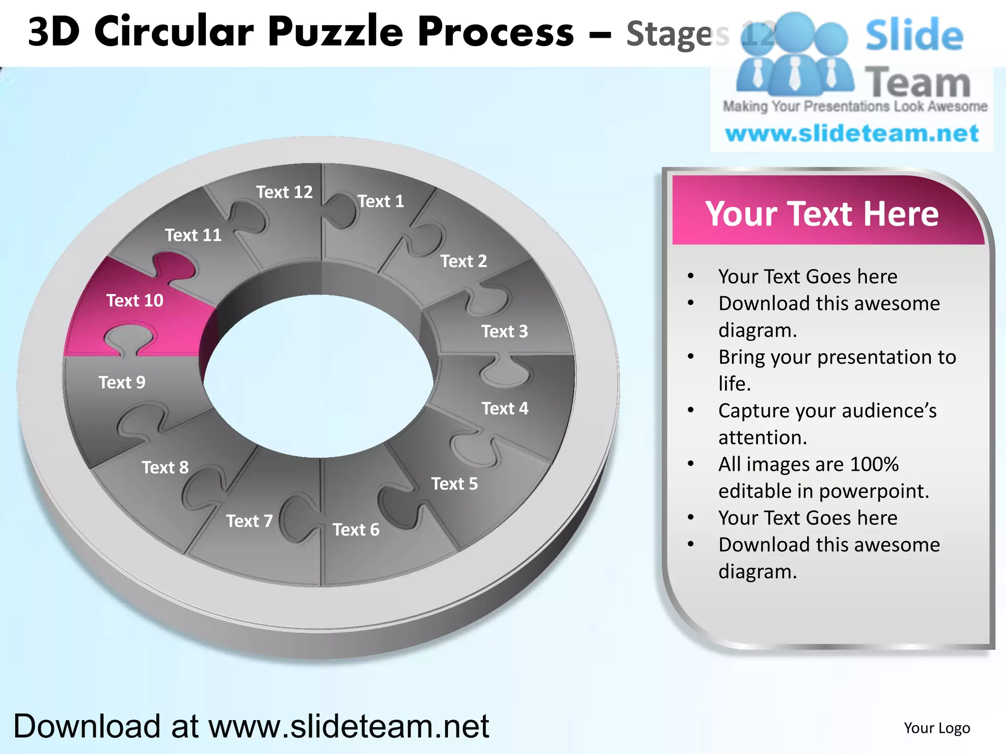 3D Circular Puzzle Process – Stages 12


                            Text 12      Text 1
               Text 11
                                                                        Your Text Here
                                                   Text 2
                                                                    •   Your Text Goes here
     Text 10                                                        •   Download this awesome
                                                           Text 3       diagram.
                                                                    •   Bring your presentation to
     Text 9                                                             life.
                                                           Text 4   •   Capture your audience’s
                                                                        attention.
          Text 8                                                    •   All images are 100%
                                                  Text 5                editable in powerpoint.
                         Text 7       Text 6
                                                                    •   Your Text Goes here
                                                                    •   Download this awesome
                                                                        diagram.




Download at www.slideteam.net                                                               Your Logo
 