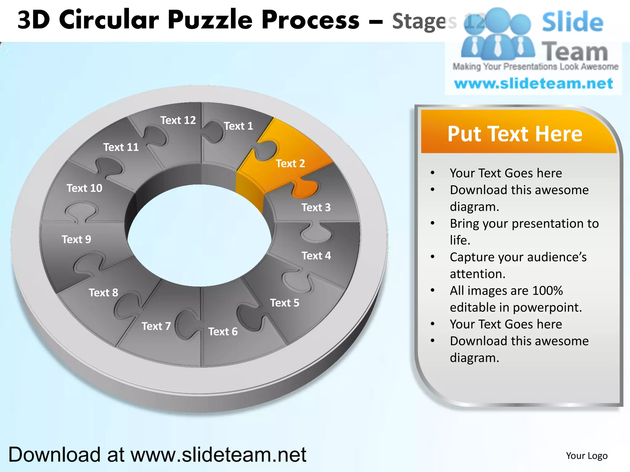 3D Circular Puzzle Process – Stages 12


                            Text 12      Text 1
               Text 11
                                                                        Put Text Here
                                                   Text 2
                                                                    •   Your Text Goes here
     Text 10                                                        •   Download this awesome
                                                           Text 3       diagram.
                                                                    •   Bring your presentation to
     Text 9                                                             life.
                                                           Text 4   •   Capture your audience’s
                                                                        attention.
          Text 8                                                    •   All images are 100%
                                                  Text 5                editable in powerpoint.
                         Text 7       Text 6
                                                                    •   Your Text Goes here
                                                                    •   Download this awesome
                                                                        diagram.




Download at www.slideteam.net                                                               Your Logo
 