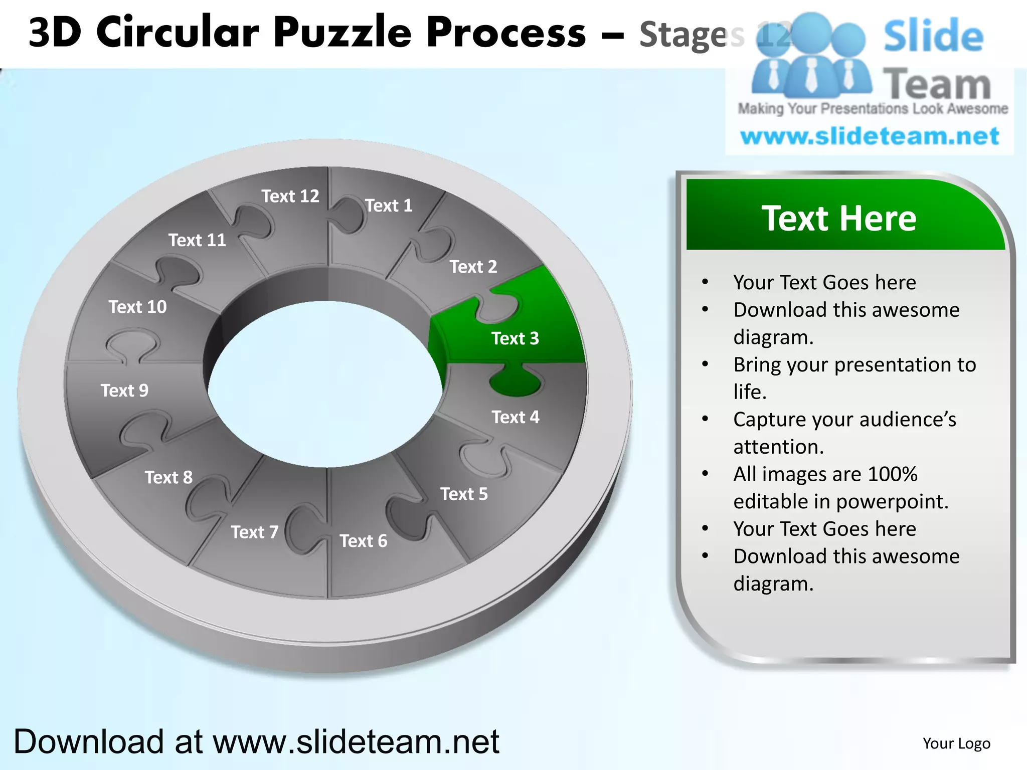 3D Circular Puzzle Process – Stages 12


                            Text 12      Text 1
               Text 11
                                                                           Text Here
                                                   Text 2
                                                                    •   Your Text Goes here
     Text 10                                                        •   Download this awesome
                                                           Text 3       diagram.
                                                                    •   Bring your presentation to
     Text 9                                                             life.
                                                           Text 4   •   Capture your audience’s
                                                                        attention.
          Text 8                                                    •   All images are 100%
                                                  Text 5                editable in powerpoint.
                         Text 7       Text 6
                                                                    •   Your Text Goes here
                                                                    •   Download this awesome
                                                                        diagram.




Download at www.slideteam.net                                                               Your Logo
 
