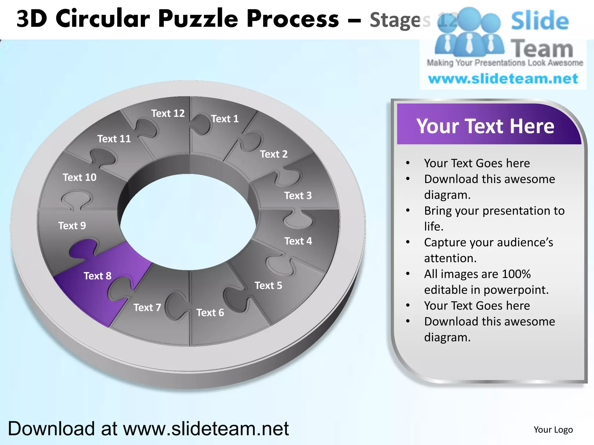 3D Circular Puzzle Process – Stages 12


                            Text 12      Text 1
               Text 11
                                                                        Your Text Here
                                                   Text 2
                                                                    •   Your Text Goes here
     Text 10                                                        •   Download this awesome
                                                           Text 3       diagram.
                                                                    •   Bring your presentation to
     Text 9                                                             life.
                                                           Text 4   •   Capture your audience’s
                                                                        attention.
          Text 8                                                    •   All images are 100%
                                                  Text 5                editable in powerpoint.
                         Text 7       Text 6
                                                                    •   Your Text Goes here
                                                                    •   Download this awesome
                                                                        diagram.




Download at www.slideteam.net                                                               Your Logo
 