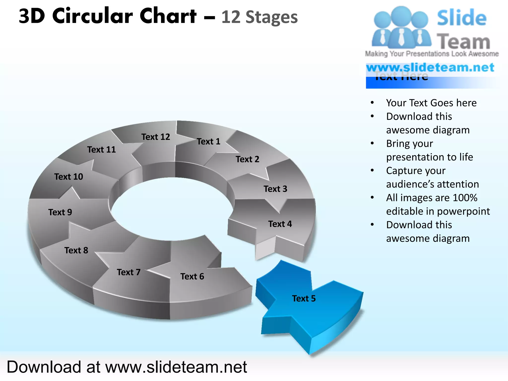 3D Circular Chart – 12 Stages

                                                                                     Text Here
                                                                                     •   Your Text Goes here
                                                                                     •   Download this
                                                                                         awesome diagram
                                   Text 12
                Text 11
                                                 Text 1                              •   Bring your
                                                          Text 2                         presentation to life
      Text 10
                                                                                     •   Capture your
                                                                   Text 3                audience’s attention
                                                                                     •   All images are 100%
     Text 9                                                                              editable in powerpoint
                                                                    Text 4           •   Download this
                                                                                         awesome diagram
         Text 8

                          Text 7             Text 6

                                                                            Text 5




Download at www.slideteam.net
 