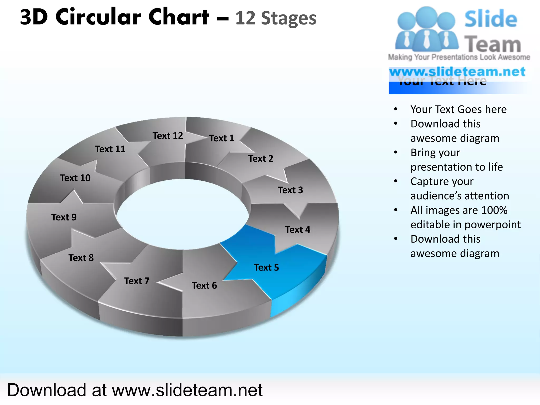 3D Circular Chart – 12 Stages

                                                                           Your Text Here
                                                                           •   Your Text Goes here
                                                                           •   Download this
                                 Text 12       Text 1                          awesome diagram
                  Text 11                                                  •   Bring your
                                                        Text 2
                                                                               presentation to life
       Text 10                                                             •   Capture your
                                                                 Text 3
                                                                               audience’s attention
                                                                           •   All images are 100%
     Text 9
                                                                  Text 4       editable in powerpoint
                                                                           •   Download this
         Text 8                                                                awesome diagram
                                                         Text 5
                        Text 7             Text 6




Download at www.slideteam.net
 
