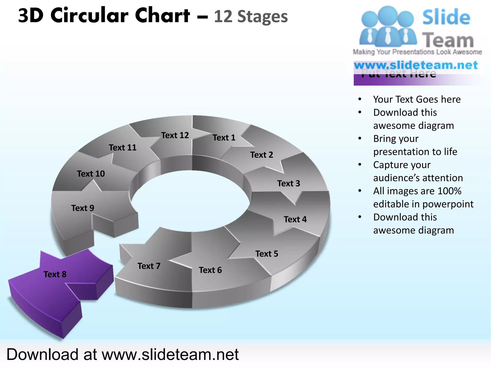 3D Circular Chart – 12 Stages

                                                                                    Put Text Here
                                                                                    •   Your Text Goes here
                                                                                    •   Download this
                                                                                        awesome diagram
                                           Text 12      Text 1                      •   Bring your
                        Text 11                                                         presentation to life
                                                                 Text 2
                                                                                    •   Capture your
              Text 10                                                                   audience’s attention
                                                                          Text 3
                                                                                    •   All images are 100%
             Text 9                                                                     editable in powerpoint
                                                                           Text 4   •   Download this
                                                                                        awesome diagram

                                                                  Text 5
                                  Text 7             Text 6
    Text 8




Download at www.slideteam.net
 