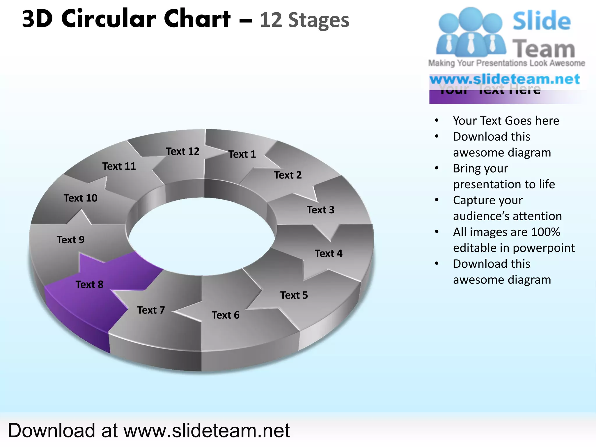 3D Circular Chart – 12 Stages

                                                                            Your Text Here
                                                                            •   Your Text Goes here
                                                                            •   Download this
                                   Text 12      Text 1                          awesome diagram
                Text 11
                                                         Text 2
                                                                            •   Bring your
                                                                                presentation to life
      Text 10                                                               •   Capture your
                                                                  Text 3
                                                                                audience’s attention
                                                                            •   All images are 100%
     Text 9
                                                                   Text 4       editable in powerpoint
                                                                            •   Download this
         Text 8                                                                 awesome diagram
                                                          Text 5
                          Text 7             Text 6




Download at www.slideteam.net
 