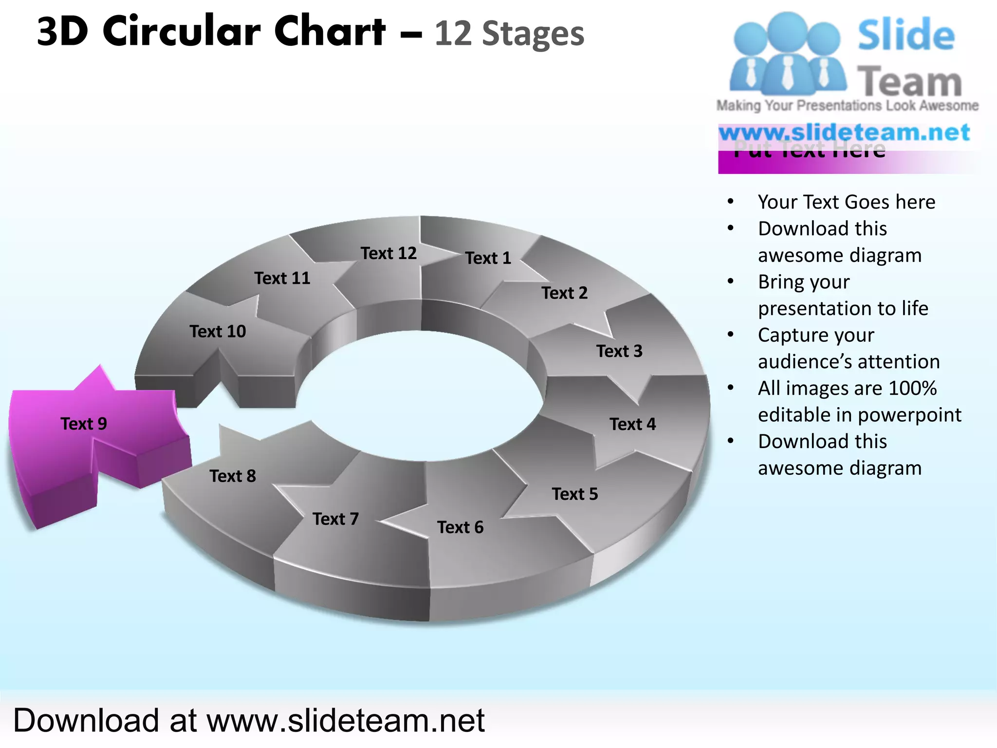 3D Circular Chart – 12 Stages

                                                                                 Put Text Here
                                                                                 •   Your Text Goes here
                                                                                 •   Download this
                                        Text 12      Text 1                          awesome diagram
                     Text 11
                                                              Text 2
                                                                                 •   Bring your
                                                                                     presentation to life
           Text 10                                                               •   Capture your
                                                                       Text 3
                                                                                     audience’s attention
                                                                                 •   All images are 100%
  Text 9                                                                Text 4       editable in powerpoint
                                                                                 •   Download this
             Text 8                                                                  awesome diagram
                                                               Text 5
                               Text 7             Text 6




Download at www.slideteam.net
 