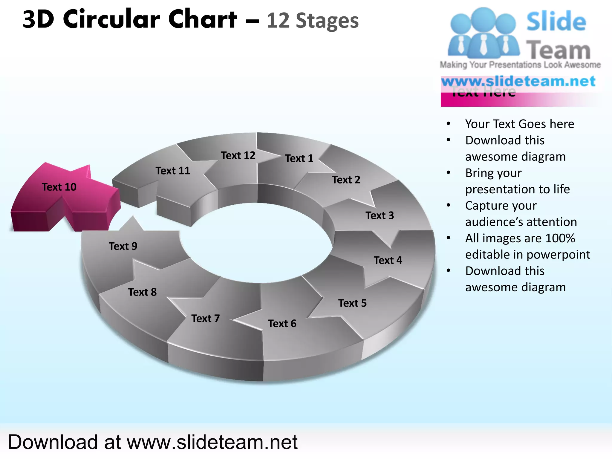 3D Circular Chart – 12 Stages

                                                                                  Text Here
                                                                                  •   Your Text Goes here
                                                                                  •   Download this
                                         Text 12      Text 1                          awesome diagram
                      Text 11
                                                               Text 2
                                                                                  •   Bring your
   Text 10                                                                            presentation to life
                                                                                  •   Capture your
                                                                        Text 3
                                                                                      audience’s attention
                                                                                  •   All images are 100%
             Text 9
                                                                         Text 4       editable in powerpoint
                                                                                  •   Download this
                 Text 8                                                               awesome diagram
                                                                Text 5
                                Text 7             Text 6




Download at www.slideteam.net
 