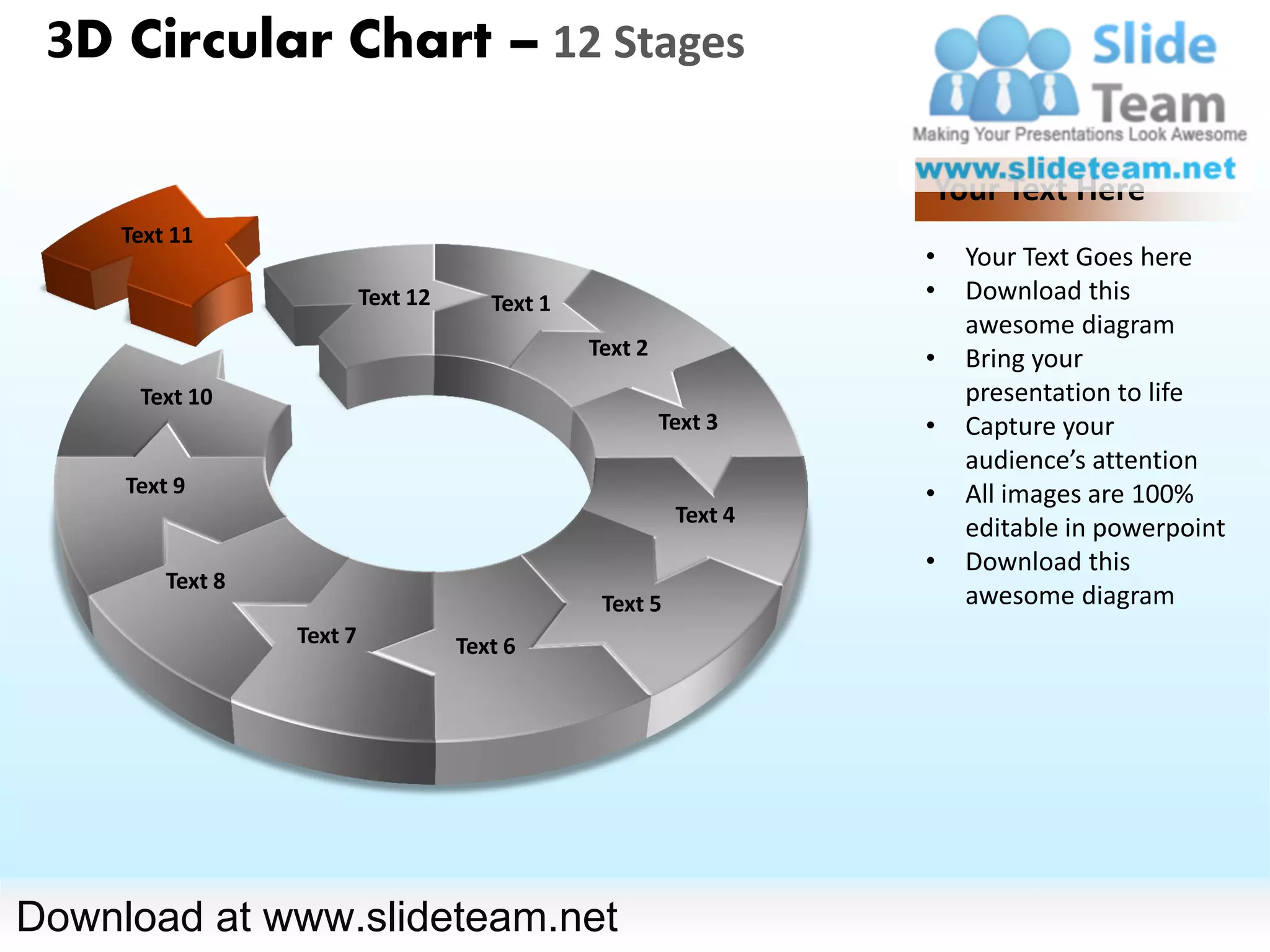 3D Circular Chart – 12 Stages

                                                                    Your Text Here
     Text 11
                                                                    •   Your Text Goes here
                           Text 12      Text 1                      •   Download this
                                                                        awesome diagram
                                                 Text 2             •   Bring your
      Text 10                                                           presentation to life
                                                          Text 3    •   Capture your
                                                                        audience’s attention
     Text 9                                                         •   All images are 100%
                                                           Text 4
                                                                        editable in powerpoint
                                                                    •   Download this
         Text 8
                                                  Text 5                awesome diagram
                  Text 7             Text 6




Download at www.slideteam.net
 