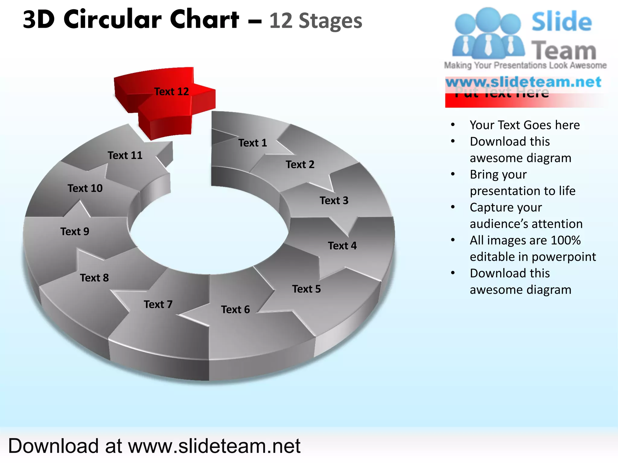 3D Circular Chart – 12 Stages

                            Text 12                                  Put Text Here
                                                                     •   Your Text Goes here
                                         Text 1                      •   Download this
                Text 11                                                  awesome diagram
                                                  Text 2
                                                                     •   Bring your
      Text 10                                                            presentation to life
                                                           Text 3
                                                                     •   Capture your
                                                                         audience’s attention
     Text 9
                                                            Text 4   •   All images are 100%
                                                                         editable in powerpoint
         Text 8                                                      •   Download this
                                                   Text 5                awesome diagram
                          Text 7      Text 6




Download at www.slideteam.net
 