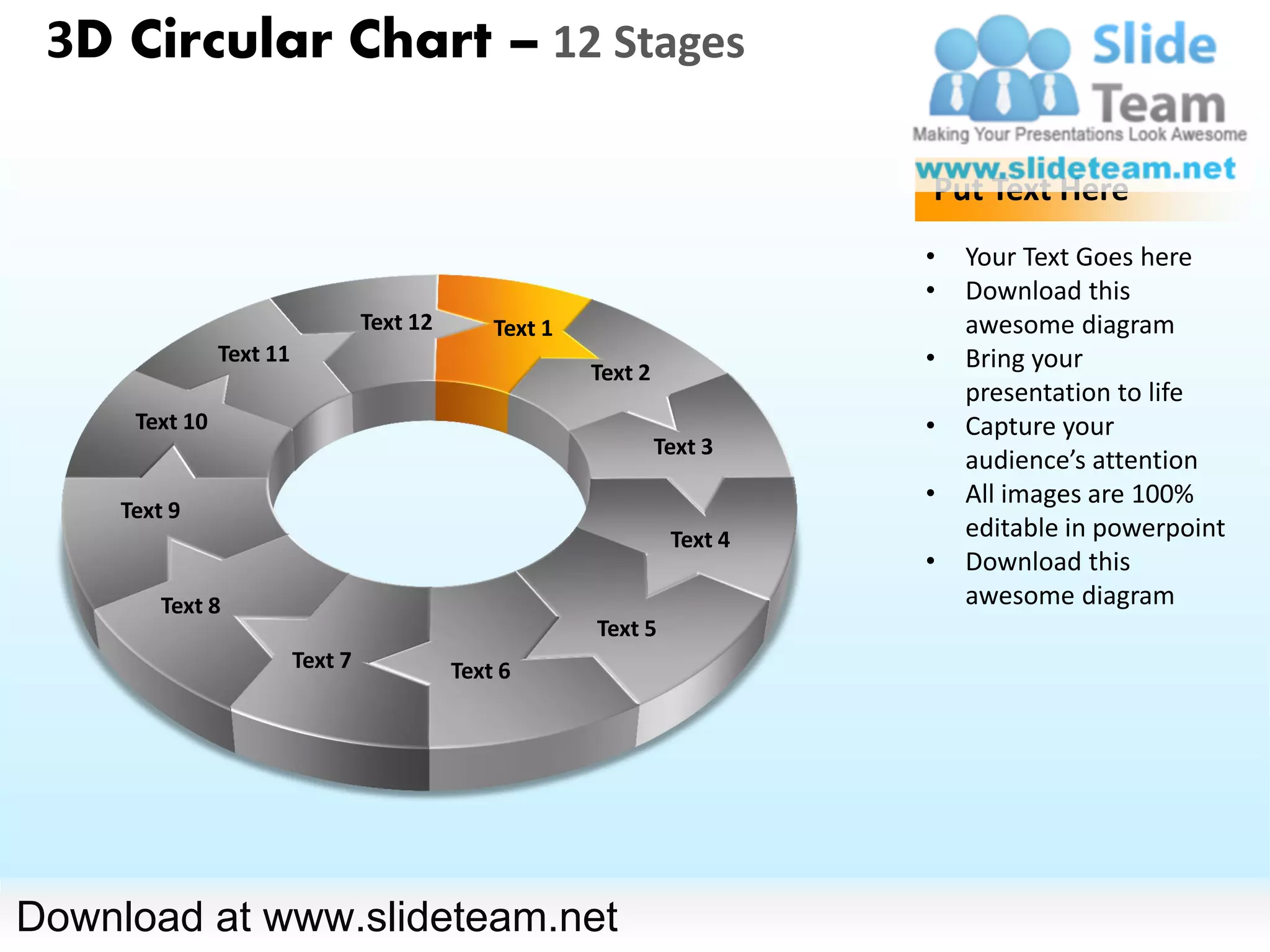 3D Circular Chart – 12 Stages

                                                                             Put Text Here
                                                                             •   Your Text Goes here
                                                                             •   Download this
                                   Text 12       Text 1                          awesome diagram
                Text 11
                                                          Text 2
                                                                             •   Bring your
                                                                                 presentation to life
      Text 10                                                                •   Capture your
                                                                   Text 3
                                                                                 audience’s attention
                                                                             •   All images are 100%
     Text 9
                                                                    Text 4       editable in powerpoint
                                                                             •   Download this
         Text 8                                                                  awesome diagram
                                                          Text 5
                          Text 7             Text 6




Download at www.slideteam.net
 