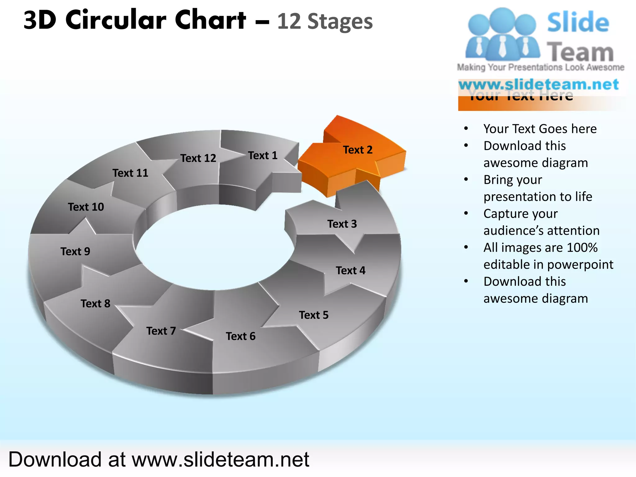 3D Circular Chart – 12 Stages

                                                                           Your Text Here
                                                                           •   Your Text Goes here
                                                                  Text 2   •   Download this
                                 Text 12       Text 1
                                                                               awesome diagram
                  Text 11
                                                                           •   Bring your
                                                                               presentation to life
      Text 10
                                                                           •   Capture your
                                                             Text 3
                                                                               audience’s attention
     Text 9                                                                •   All images are 100%
                                                                 Text 4        editable in powerpoint
                                                                           •   Download this
         Text 8                                                                awesome diagram
                                                        Text 5
                        Text 7             Text 6




Download at www.slideteam.net
 