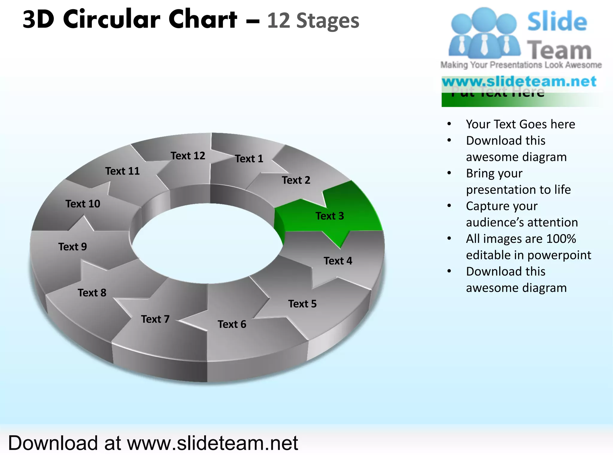 3D Circular Chart – 12 Stages

                                                                            Put Text Here
                                                                            •   Your Text Goes here
                                                                            •   Download this
                                   Text 12      Text 1                          awesome diagram
                Text 11
                                                         Text 2
                                                                            •   Bring your
                                                                                presentation to life
      Text 10                                                               •   Capture your
                                                                  Text 3
                                                                                audience’s attention
                                                                            •   All images are 100%
     Text 9
                                                                   Text 4       editable in powerpoint
                                                                            •   Download this
         Text 8                                                                 awesome diagram
                                                          Text 5
                          Text 7             Text 6




Download at www.slideteam.net
 