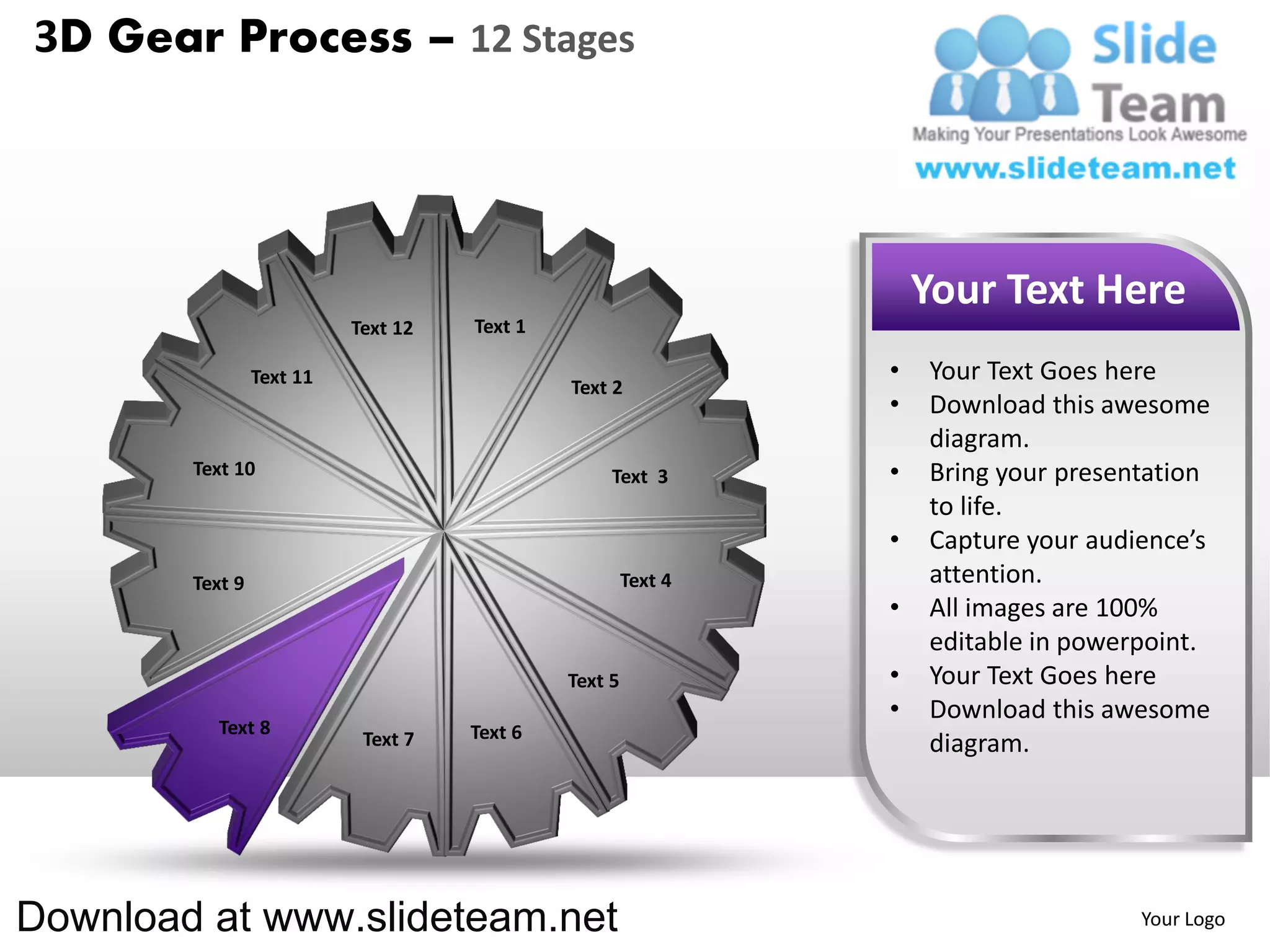 3D Gear Process – 12 Stages




                                                                    Your Text Here
                           Text 12   Text 1

                 Text 11                                        •   Your Text Goes here
                                              Text 2
                                                                •   Download this awesome
                                                                    diagram.
        Text 10                                    Text 3       •   Bring your presentation
                                                                    to life.
                                                                •   Capture your audience’s
        Text 9                                         Text 4       attention.
                                                                •   All images are 100%
                                                                    editable in powerpoint.
                                              Text 5            •   Your Text Goes here
                                                                •   Download this awesome
           Text 8                    Text 6
                            Text 7                                  diagram.




Download at www.slideteam.net                                                        Your Logo
 