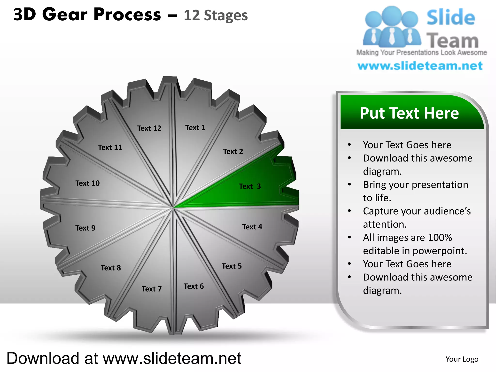 3D Gear Process – 12 Stages




                                                                    Put Text Here
                           Text 12   Text 1

                 Text 11                                        •   Your Text Goes here
                                              Text 2
                                                                •   Download this awesome
                                                                    diagram.
        Text 10                                    Text 3       •   Bring your presentation
                                                                    to life.
                                                                •   Capture your audience’s
        Text 9                                         Text 4       attention.
                                                                •   All images are 100%
                                                                    editable in powerpoint.
                  Text 8                      Text 5            •   Your Text Goes here
                                                                •   Download this awesome
                            Text 7   Text 6
                                                                    diagram.




Download at www.slideteam.net                                                        Your Logo
 
