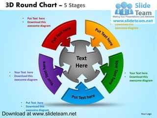 3D Round Chart – 5 Stages
              •    Put Text here
              •    Download this            •   Your Text here
                   awesome diagram          •   Download this
                                                awesome diagram




                                     Text
                                     Here
  •   Your Text here                                  •   Your Text here
  •   Download this                                   •   Download this
      awesome diagram                                     awesome diagram




          •       Put Text here
          •       Download this
                  awesome diagram
Download at www.slideteam.net                                     Your Logo
 