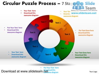 Circular Puzzle Process – 7 Stages
                     •    Your Text here                             •   Your Text Goes here
                     •    Download this                              •   Download this
                          awesome diagram                                awesome diagram


                                            Text 7           Text 1

 •   Put Your Text here
 •   Download this                                                                     •   Put Text Goes here
     awesome diagram            Text 6                                                 •   Download this
                                                                          Text 2           awesome diagram




                                  Text 5
                                                                      Text 3
      •   Your Text here                                                           •   Your Text Goes here
      •   Download this                          Text 4                            •   Download this
          awesome diagram                                                              awesome diagram




                                            •   Put Your Text here
                                            •   Download this
Download at www.slideteam.net                   awesome diagram                                         Your Logo
 