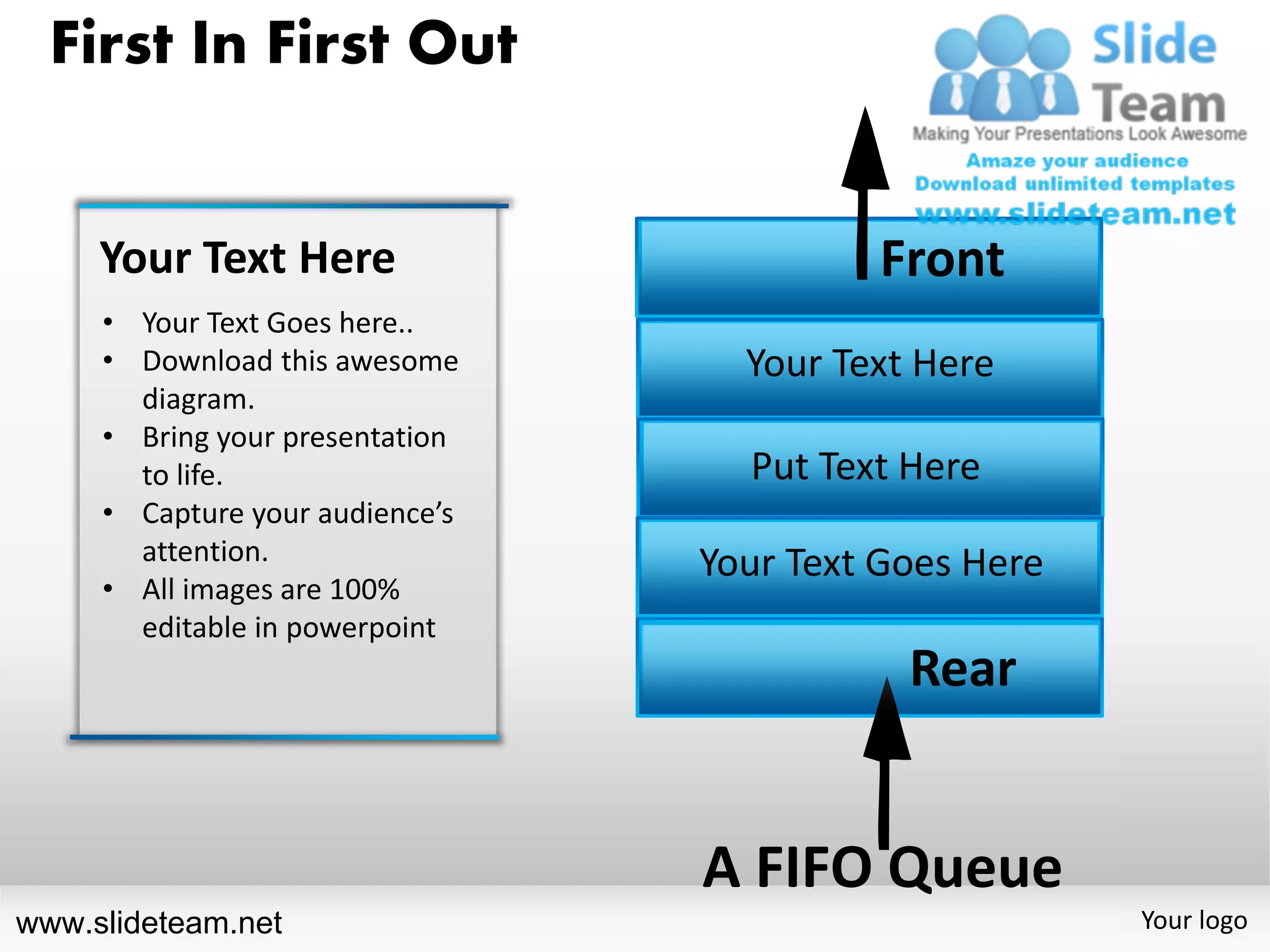 First In First Out


     Your Text Here                       Front
     • Your Text Goes here..
     • Download this awesome       Your Text Here
       diagram.
     • Bring your presentation
       to life.                    Put Text Here
     • Capture your audience’s
       attention.                Your Text Goes Here
     • All images are 100%
       editable in powerpoint
                                            Rear


                                 A FIFO Queue
www.slideteam.net                                      Your logo
 