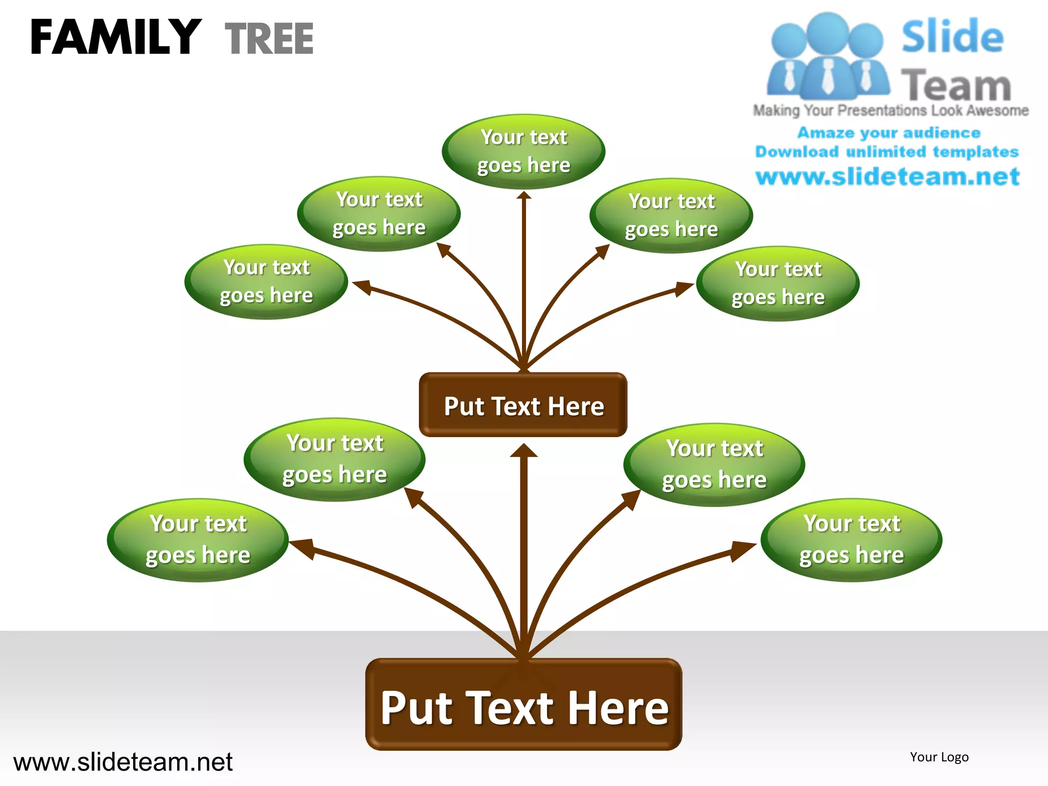 FAMILY TREE
                                          Your text
                                          goes here
                            Your text                   Your text
                            goes here                   goes here
                Your text                                           Your text
                goes here                                           goes here



                                        Put Text Here
                      Your text                            Your text
                      goes here                            goes here
          Your text                                                       Your text
          goes here                                                       goes here




                                Put Text Here
www.slideteam.net                                                                     Your Logo
 