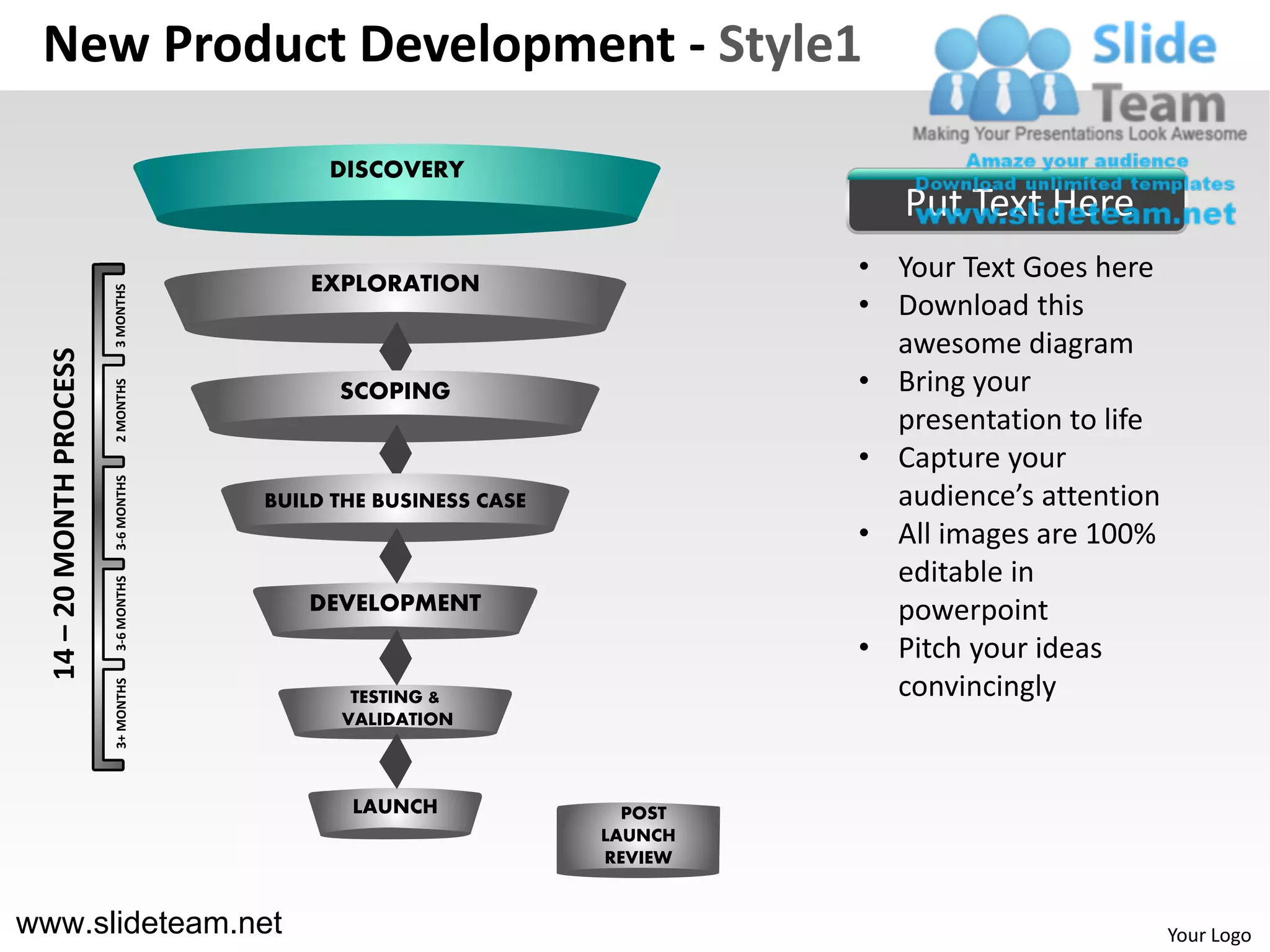 New Product Development - Style1

                                            DISCOVERY
                                                                             Put Text Here
                                           EXPLORATION
                                                                          • Your Text Goes here
                          3 MONTHS




                                                                          • Download this
                                                                            awesome diagram
  14 – 20 MONTH PROCESS




                                                                          • Bring your
                          2 MONTHS




                                             SCOPING
                                                                            presentation to life
                                                                          • Capture your
                          3-6 MONTHS




                                       BUILD THE BUSINESS CASE              audience’s attention
                                                                          • All images are 100%
                                                                            editable in
                          3-6 MONTHS




                                          DEVELOPMENT                       powerpoint
                                                                          • Pitch your ideas
                                                                            convincingly
                          3+ MONTHS




                                              TESTING &
                                             VALIDATION



                                              LAUNCH               POST
                                                                 LAUNCH
                                                                 REVIEW


www.slideteam.net                                                                                  Your Logo
 