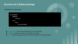 Example of a directories :
● my-package/ is the top-level directory for your package.
● DEBIAN/ is where you place control files and scripts.
● usr/ is where you place files that will be installed on the target system.
Structure of a debian package
 