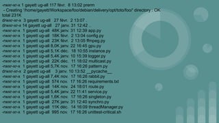 -rwxr-xr-x 1 gayett ug-all 117 févr. 8 13:02 prerm
- Creating '/home/gayett/Workspace/foo/debian/delivery/opt/toto/foo/' directory : OK
total 231K
drwxr-xr-x 3 gayett ug-all 27 févr. 2 13:07 .
drwxr-xr-x 14 gayett ug-all 27 janv. 31 12:42 ..
-rwxr-xr-x 1 gayett ug-all 48K janv. 31 12:39 app.py
-rwxr-xr-x 1 gayett ug-all 18K févr. 2 13:04 config.py
-rwxr-xr-x 1 gayett ug-all 23K févr. 2 13:05 ffmpeg.py
-rwxr-xr-x 1 gayett ug-all 8,0K janv. 22 16:45 gpu.py
-rwxr-xr-x 1 gayett ug-all 5,1K déc. 18 10:55 instance.py
-rwxr-xr-x 1 gayett ug-all 5,4K janv. 10 15:39 logger.py
-rwxr-xr-x 1 gayett ug-all 22K déc. 11 18:02 multicast.py
-rwxr-xr-x 1 gayett ug-all 5,7K nov. 17 16:26 pattern.py
drwxr-xr-x 2 gayett ug-all 3 janv. 10 13:52 __pycache__
-rwxr-xr-x 1 gayett ug-all 7,4K nov. 17 16:26 rabbit.py
-rwxr-xr-x 1 gayett ug-all 574 nov. 17 16:26 requirements.txt
-rwxr-xr-x 1 gayett ug-all 14K nov. 24 18:01 route.py
-rwxr-xr-x 1 gayett ug-all 5,4K janv. 22 11:41 service.py
-rwxr-xr-x 1 gayett ug-all 1,6K nov. 17 16:26 singleton.py
-rwxr-xr-x 1 gayett ug-all 27K janv. 31 12:40 synchro.py
-rwxr-xr-x 1 gayett ug-all 11K déc. 14 16:09 threadManager.py
-rwxr-xr-x 1 gayett ug-all 995 nov. 17 16:26 unittest-critical.sh
 