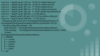 -rwxr-xr-x 1 gayett ug-all 1,3K nov. 22 09:12 unittest-debug.sh
-rwxr-xr-x 1 gayett ug-all 1020 nov. 22 09:12 unittest-error.sh
-rwxr-xr-x 1 gayett ug-all 991 nov. 17 16:26 unittest-info.sh
-rwxr-xr-x 1 gayett ug-all 994 nov. 17 16:26 unittest-warning.sh
-rwxr-xr-x 1 gayett ug-all 240 nov. 17 16:26 update-requirements.sh
-rwxr-xr-x 1 gayett ug-all 26K févr. 2 13:06 utils.py
-rw-r--r-- 1 gayett ug-all 2,2K janv. 23 15:15 foo-probe-config.yml
-rwxr-xr-x 1 gayett ug-all 120K févr. 2 13:07 foo.py
- Recopying data source from /home/gayett/Workspace/foo/src/ to
/home/gayett/Workspace/foo/debian/delivery/opt/toto/foo/ OK (0)
- Checking dpkg-deb package : OK
Build directory : '/home/gayett/Workspace/foo/debian/delivery'
Final package : '/home/gayett/Workspace/foo/debian/my-local-1.0.deb'
Content :
/home/gayett/Workspace/foo/debian/delivery
├── DEBIAN
│ ├── control
│ ├── postinst
│ ├── postrm
│ ├── preinst
│ └── prerm
└── opt
 