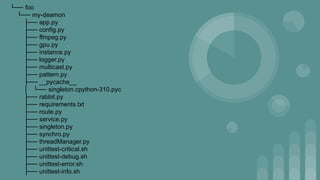 └── foo
└── my-deamon
├── app.py
├── config.py
├── ffmpeg.py
├── gpu.py
├── instance.py
├── logger.py
├── multicast.py
├── pattern.py
├── __pycache__
│ └── singleton.cpython-310.pyc
├── rabbit.py
├── requirements.txt
├── route.py
├── service.py
├── singleton.py
├── synchro.py
├── threadManager.py
├── unittest-critical.sh
├── unittest-debug.sh
├── unittest-error.sh
├── unittest-info.sh
 