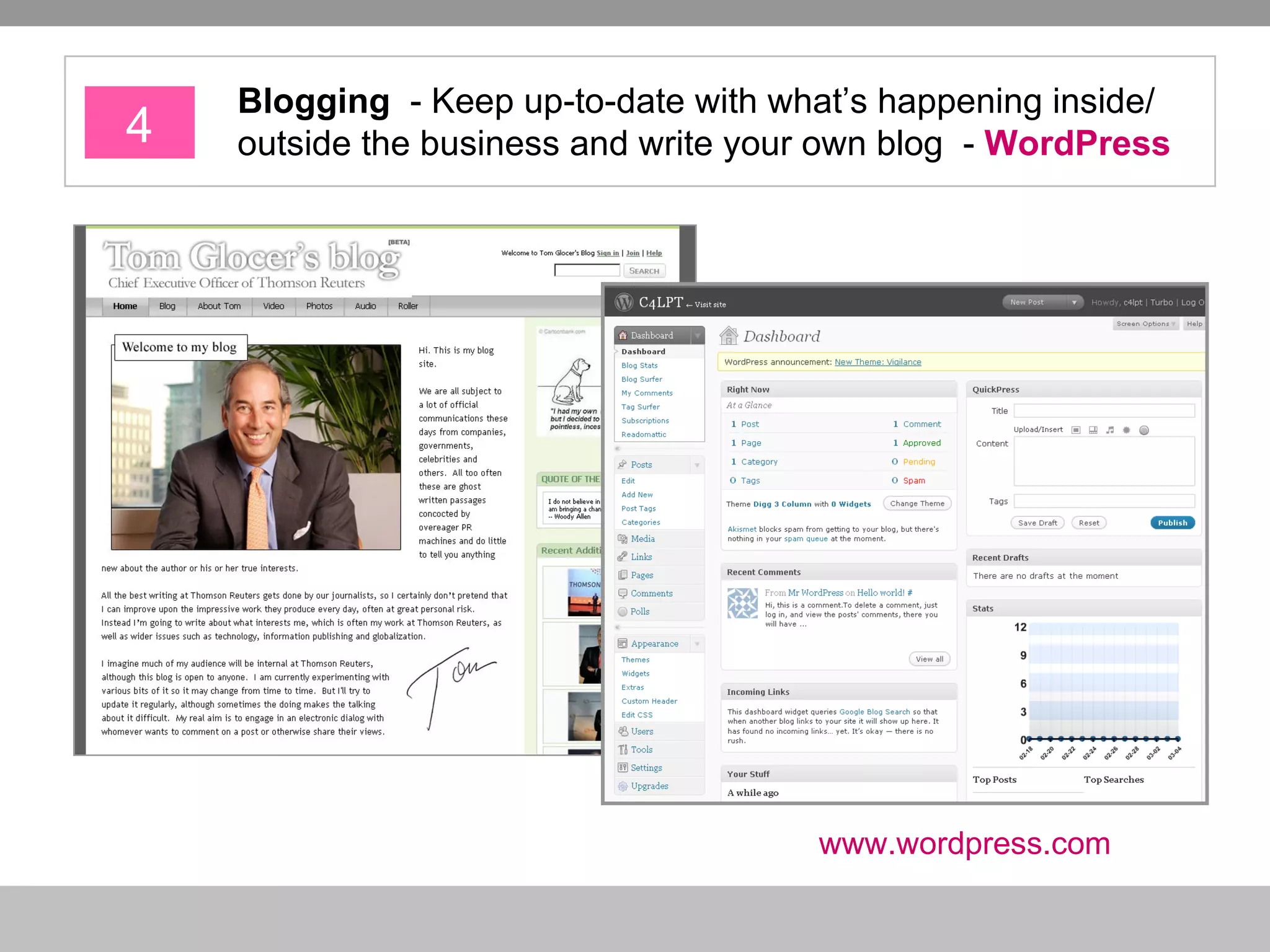 4 Blogging   - Keep up-to-date with what’s happening inside/ outside the business and write your own blog  -  WordPress www.wordpress.com   
