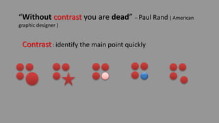 “Without contrast you are dead” – Paul Rand ( American
graphic designer )
Contrast : identify the main point quickly
 