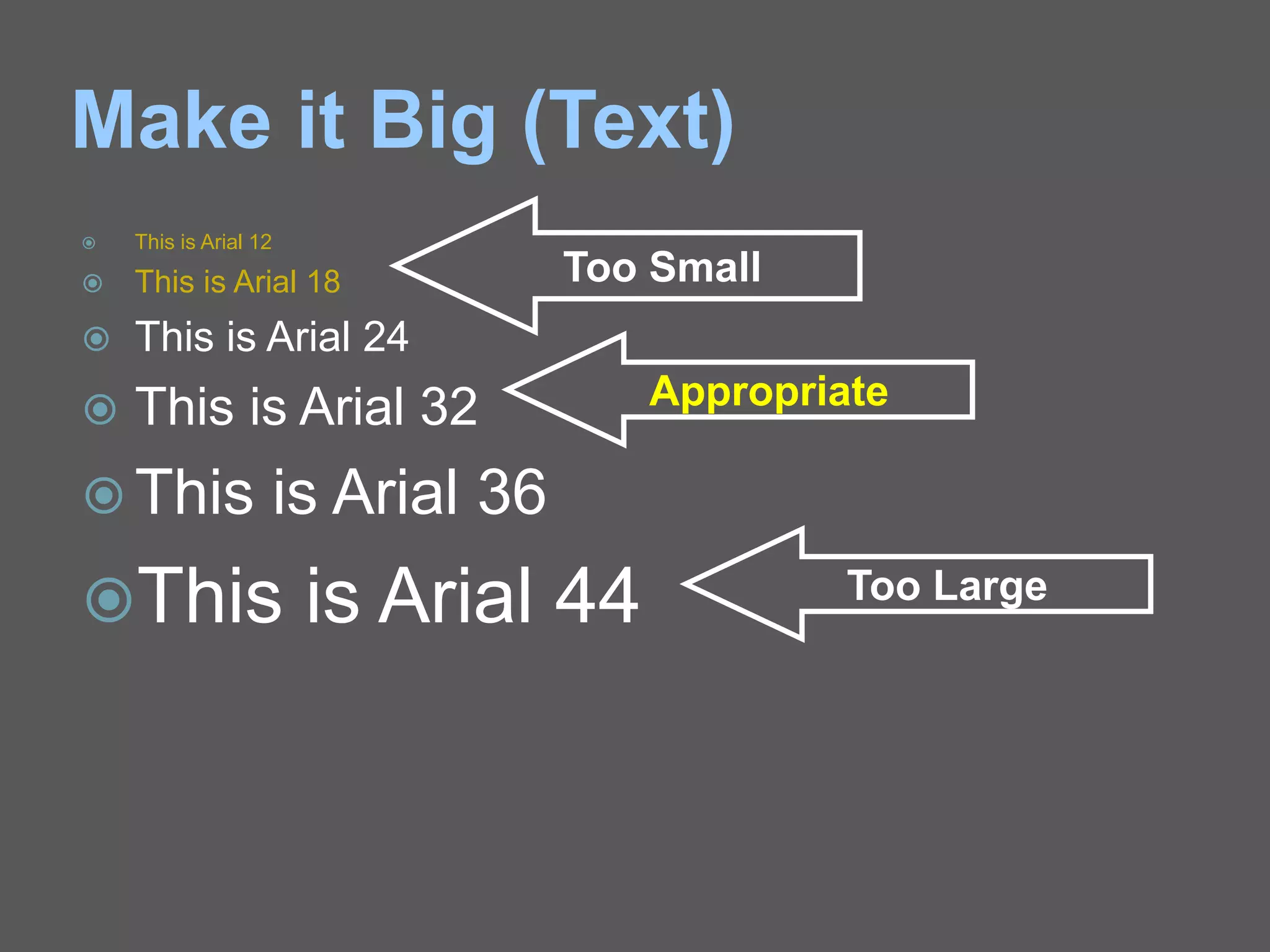 Make it Big (Text)
 This is Arial 12
 This is Arial 18
 This is Arial 24
 This is Arial 32
 This is Arial 36
This is Arial 44
Too Small
Appropriate
Too Large
 