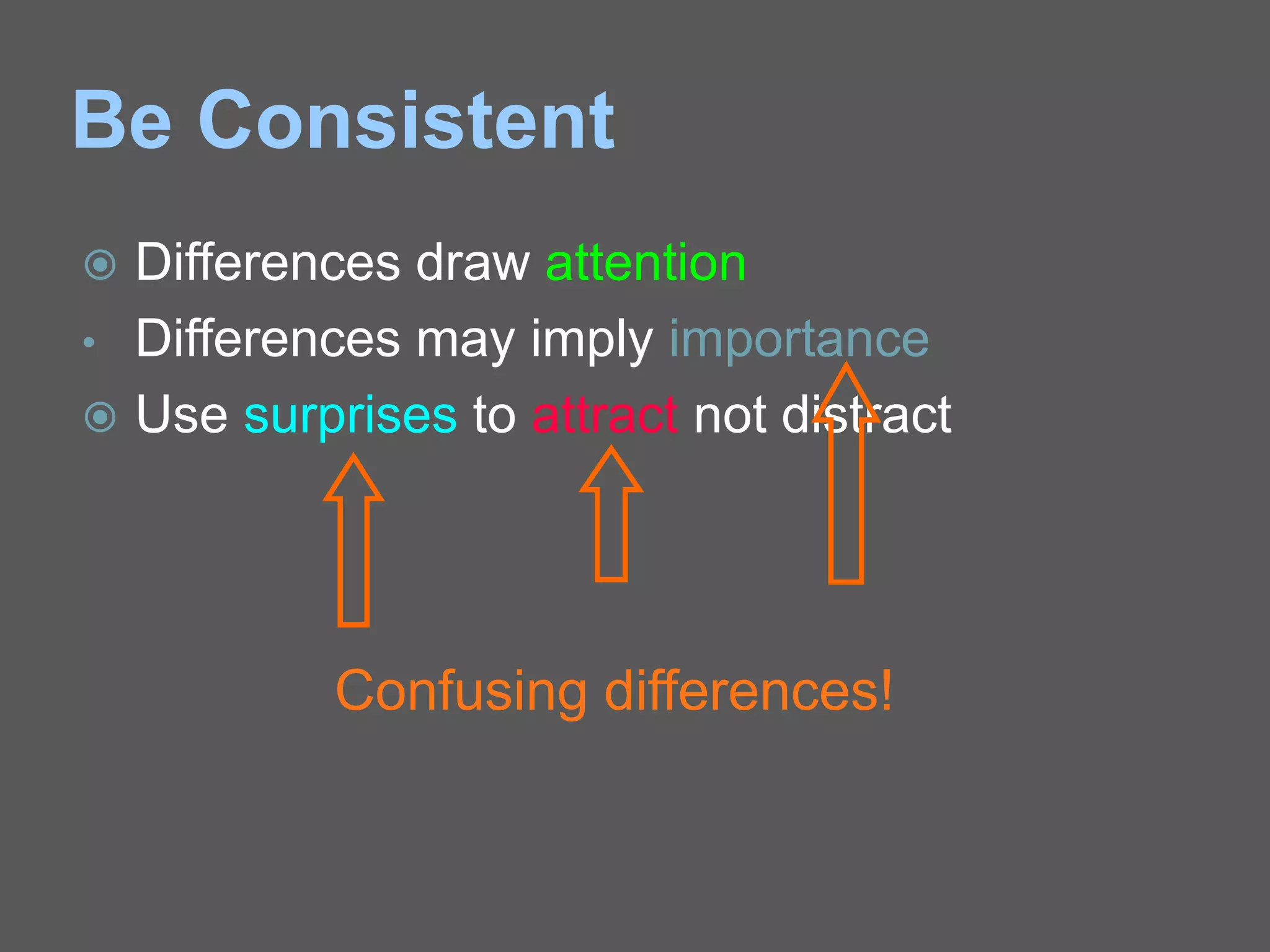 Be Consistent
 Differences draw attention
• Differences may imply importance
 Use surprises to attract not distract
Confusing differences!
 
