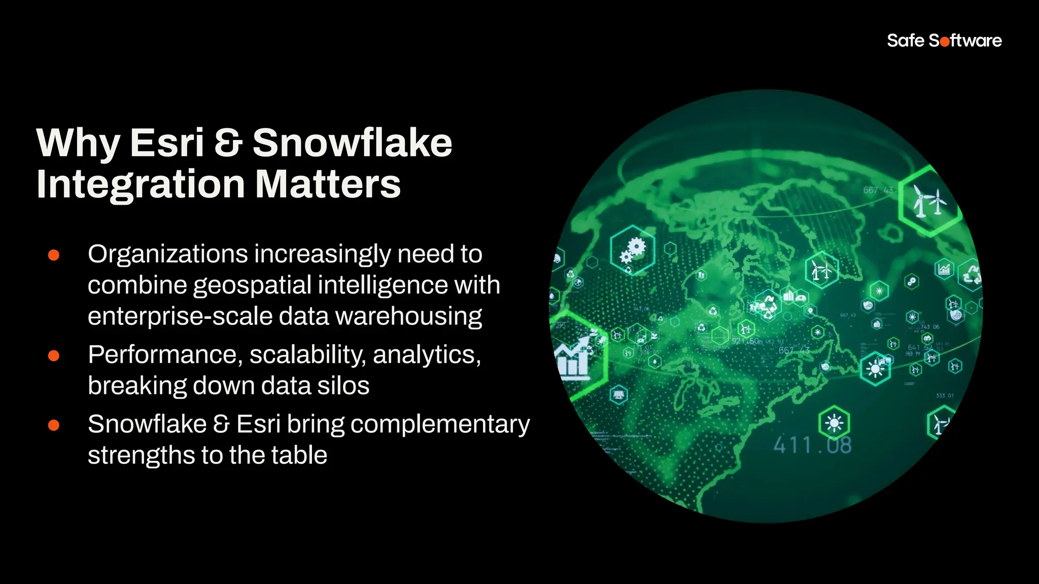 ● Organizations increasingly need to
combine geospatial intelligence with
enterprise-scale data warehousing
● Performance, scalability, analytics,
breaking down data silos
● Snowﬂake & Esri bring complementary
strengths to the table
Why Esri & Snowﬂake
Integration Matters
 