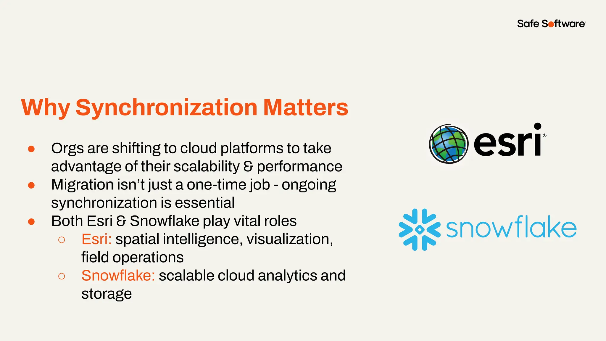 Why Synchronization Matters
● Orgs are shifting to cloud platforms to take
advantage of their scalability & performance
● Migration isn’t just a one-time job - ongoing
synchronization is essential
● Both Esri & Snowﬂake play vital roles
○ Esri: spatial intelligence, visualization,
ﬁeld operations
○ Snowﬂake: scalable cloud analytics and
storage
 