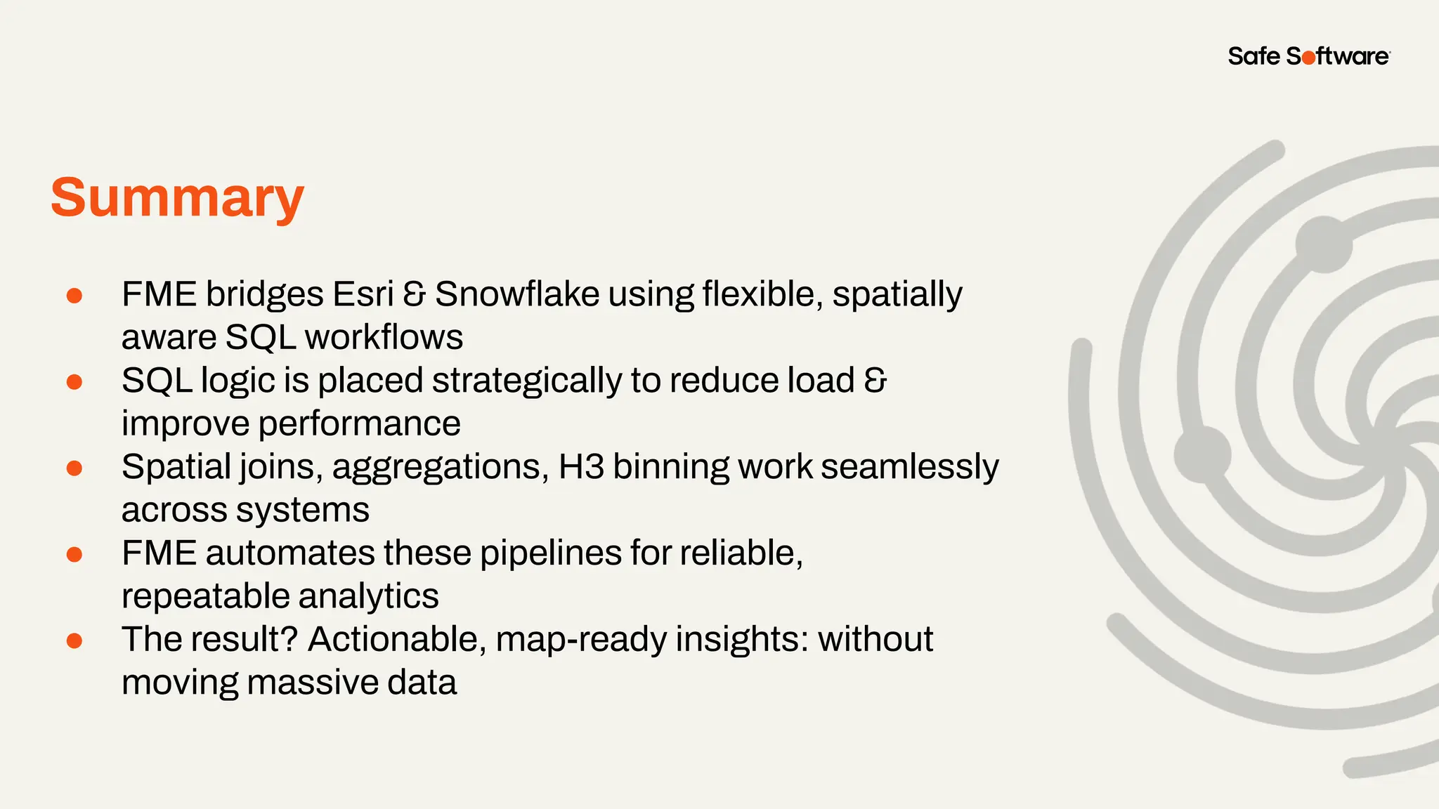 Summary
● FME bridges Esri & Snowﬂake using ﬂexible, spatially
aware SQL workﬂows
● SQL logic is placed strategically to reduce load &
improve performance
● Spatial joins, aggregations, H3 binning work seamlessly
across systems
● FME automates these pipelines for reliable,
repeatable analytics
● The result? Actionable, map-ready insights: without
moving massive data
 