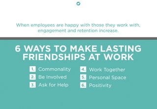 When employees are happy with those they work with,
engagement and retention increase.
6 WAYS TO MAKE LASTING
FRIENDSHIPS ...