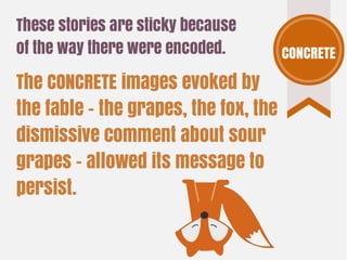 These stories are sticky because
of the way there were encoded.
The CONCRETE images evoked by
the fable - the grapes, the fox, the
dismissive comment about sour
grapes - allowed its message to
persist.
CONCRETE
 