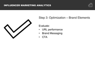 Step 3: Optimization – Brand Elements
Evaluate:
•  URL performance
•  Brand Messaging
•  CTA
INFLUENCER MARKETING ANALYTICS
 