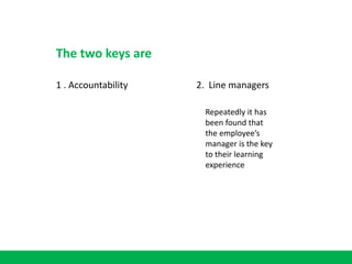 1 . Accountability 2. Line managers
Repeatedly it has
been found that
the employee’s
manager is the key
to their learning
experience
The two keys are
 