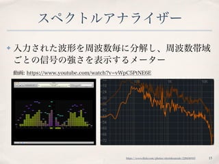 スペクトルアナライザー
✤ 入力された波形を周波数毎に分解し、周波数帯域
ごとの信号の強さを表示するメーター 
動画: https://www.youtube.com/watch?v=vWpC5PtNE6E 
 
 
 
 
 
15https://www.ﬂickr.com/photos/electriksuicide/2284349103
 