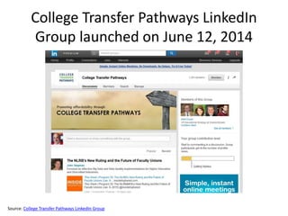 College Transfer Pathways LinkedIn
Group launched on June 12, 2014
Source: College Transfer Pathways LinkedIn Group
 
