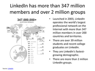 LinkedIn has more than 347 million
members and over 2 million groups
• Launched in 2003, LinkedIn
operates the world’s largest
professional network on the
Internet with more than 347
million members in over 200
countries and territories.
• There are over 39 million
students and recent college
graduates on LinkedIn.
• They are LinkedIn's fastest-
growing demographic.
• There are more than 2 million
LinkedIn groups.
Source: LinkedIn
 