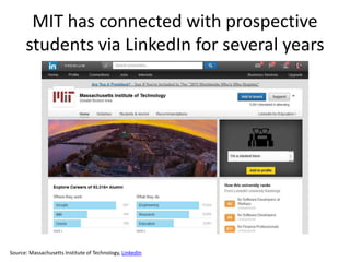 MIT has connected with prospective
students via LinkedIn for several years
Source: Massachusetts Institute of Technology, LinkedIn
 