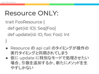 Lay Ar it re
Resource ONLY:
trait FooResource {
def get(id: ID): Seq[Foo]
def update(id: ID, foo: Foo): Int
}
● Resource の api call のタイミングが操作の
実行タイミングと同期されてしまう
● 仮に update に特別なモードで処理させたい
場合、引数を追加するか、新たにメソッドを生
やすしかない
 