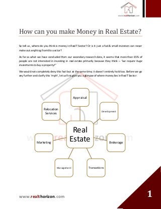 www.realthorizon.com
11
How can you make Money in Real Estate?
So tell us, where do you think is money in RealT Sector? Or is it just a fad & small investors can never
make out anything from this sector?
As far as what we have concluded from our secondary research data, it seems that more than 65% of
people are not interested in investing in real estate primarily because they think – “we require huge
investments to buy a property!”
We would not completely deny this fact but at the same time, it doesn’t entirely hold too. Before we go
any further and clarify this ‘myth’, let us first give you a glimpse of where money lies in RealT Sector:
Real
Estate
Appraisal
Development
Brokerage
TransactionsManagement
Marketing
Relocation
Services
 