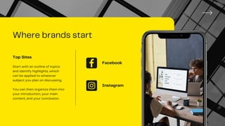 Where brands start
Top Sites
Start with an outline of topics
and identify highlights, which
can be applied to whatever
subject you plan on discussing.
You can then organize them into
your introduction, your main
content, and your conclusion.
Facebook
Instagram
 