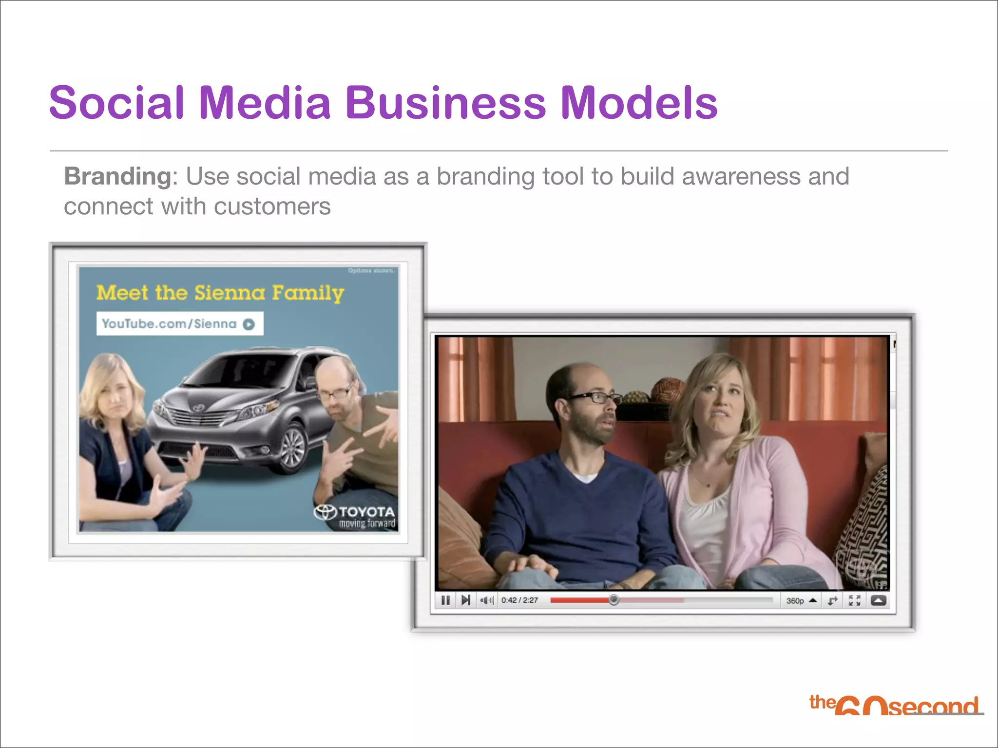 Social Media Business Models
Branding: Use social media as a branding tool to build awareness and
connect with customers
 