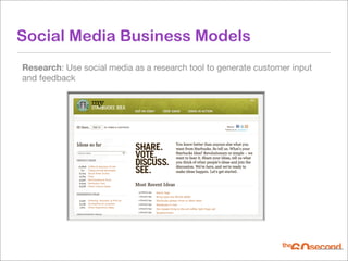 Social Media Business Models
Research: Use social media as a research tool to generate customer input
and feedback
 