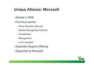 Unique Alliance: Microsoft

     •   Started in 2006
     •   Five focus points
          –   Active Directory (Server)
          –   Identity Management (Cloud)
          –   Virtualization
          –   Management
          –   Linux (support)
     •   Expanded Support Offering
     •   Supported by Microsoft


12
 